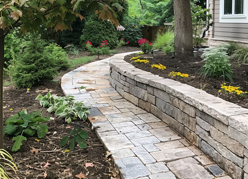 Curved paver walkway alongside a stacked stone retaining wall in Archer, Florida
