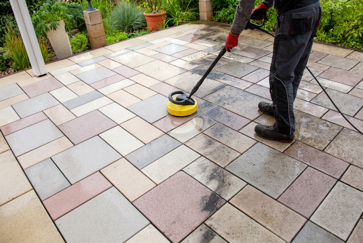 Rotary pressure washing a multi-tone concrete slab patio in Old Town, Florida