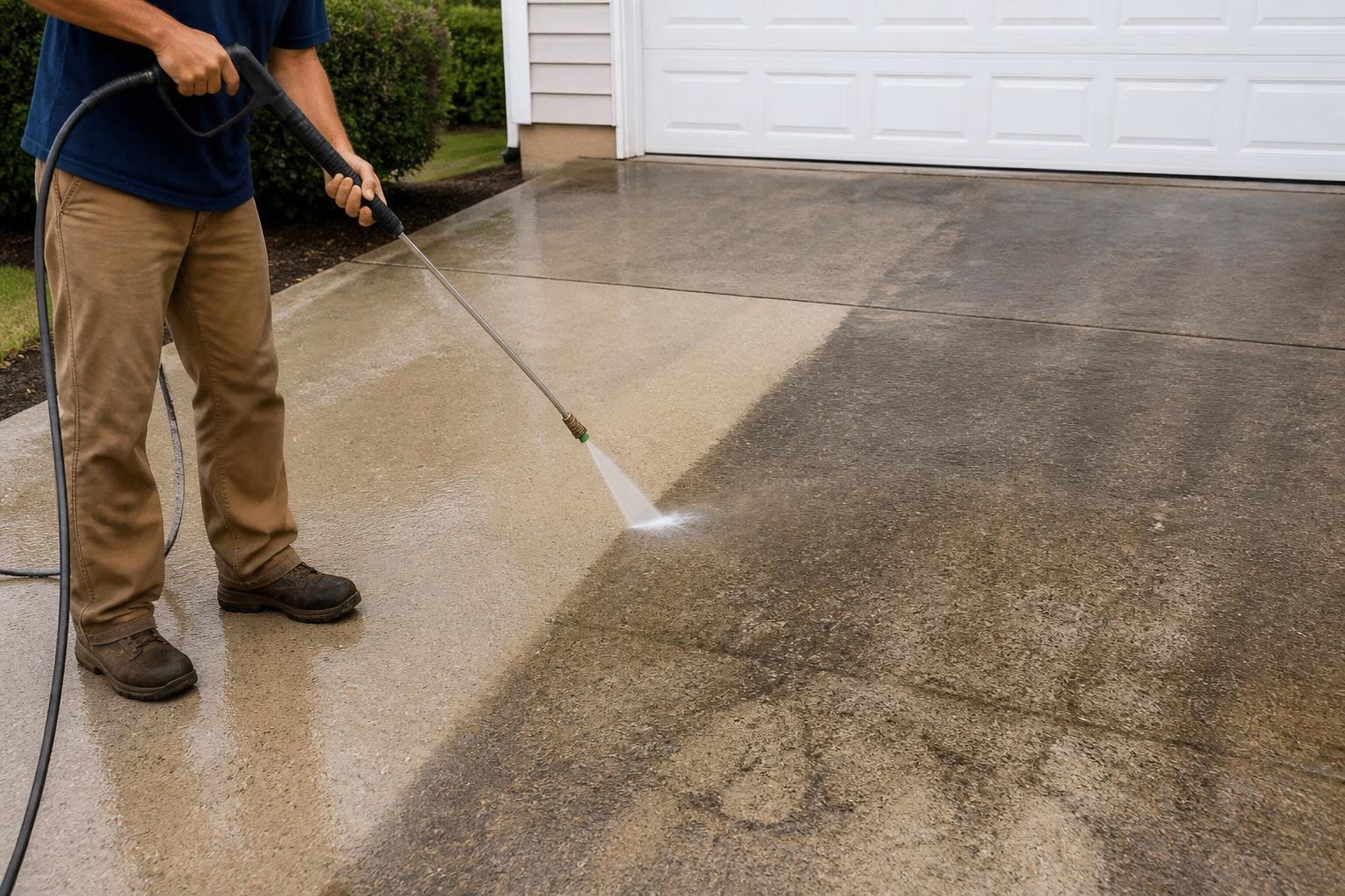Pressure washing a concrete driveway and entry landing in Alachua, Florida