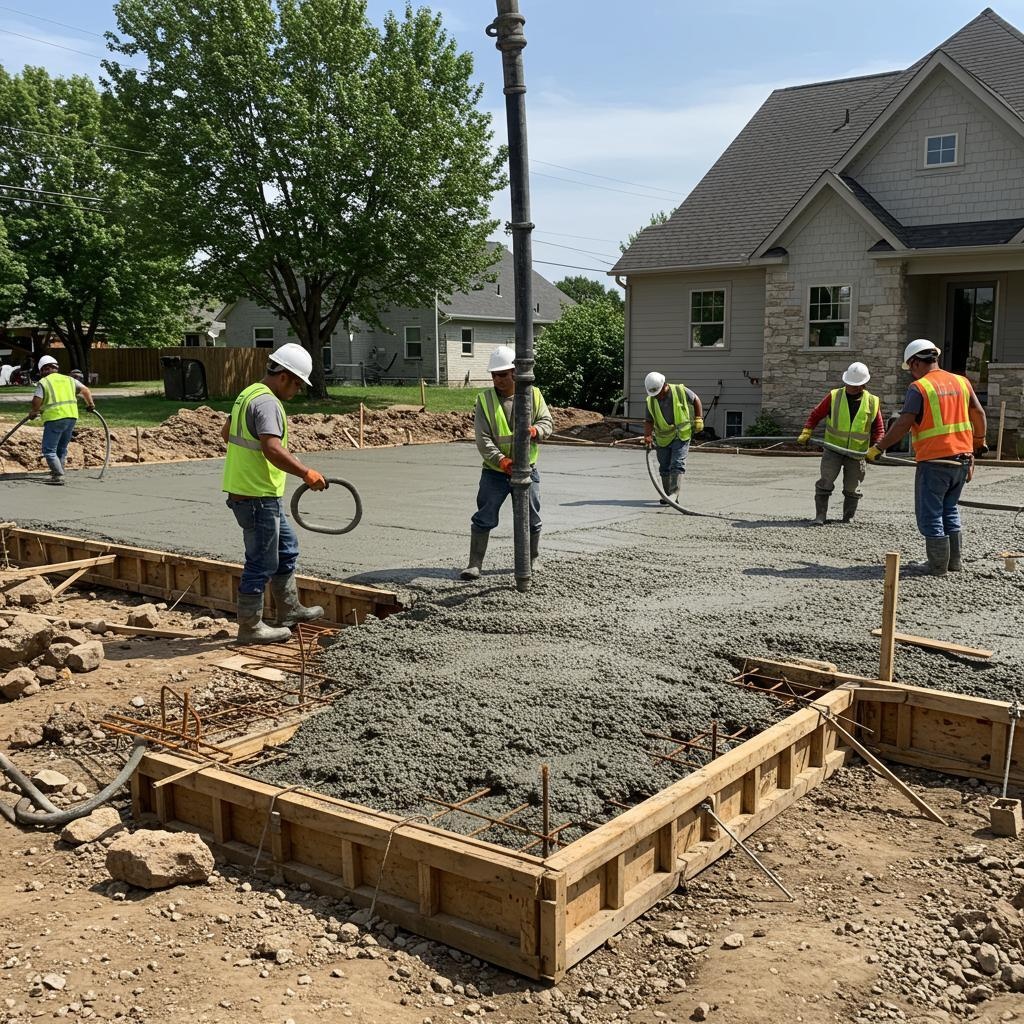 Construction crew placing concrete with a pump hose in a formed residential foundation