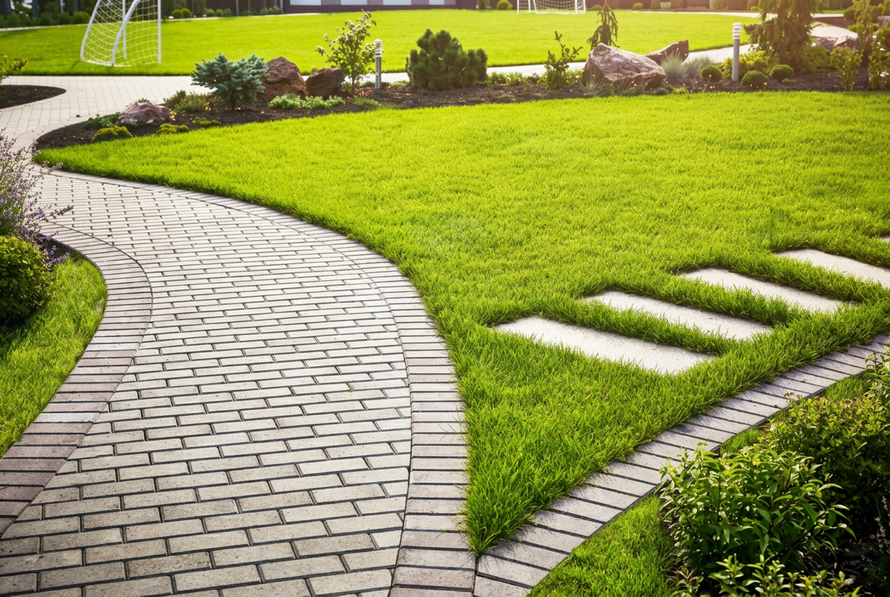 Paver walkway with concrete stepping pads set in a lawn in Bell, Florida