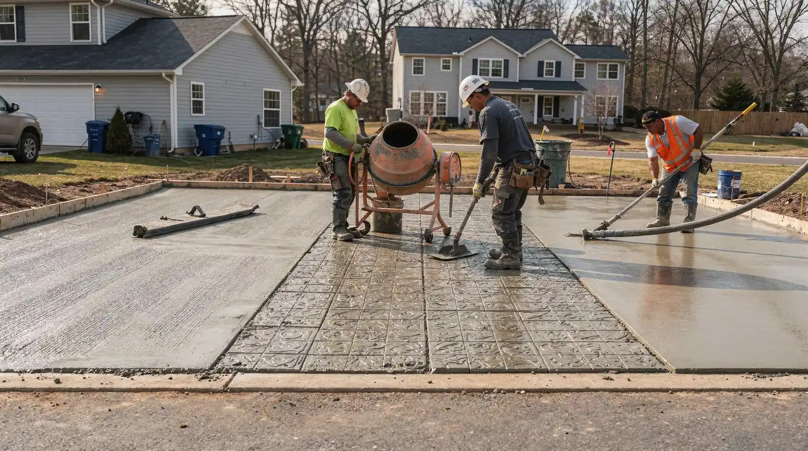 Crew troweling a stamped concrete band into a new driveway slab