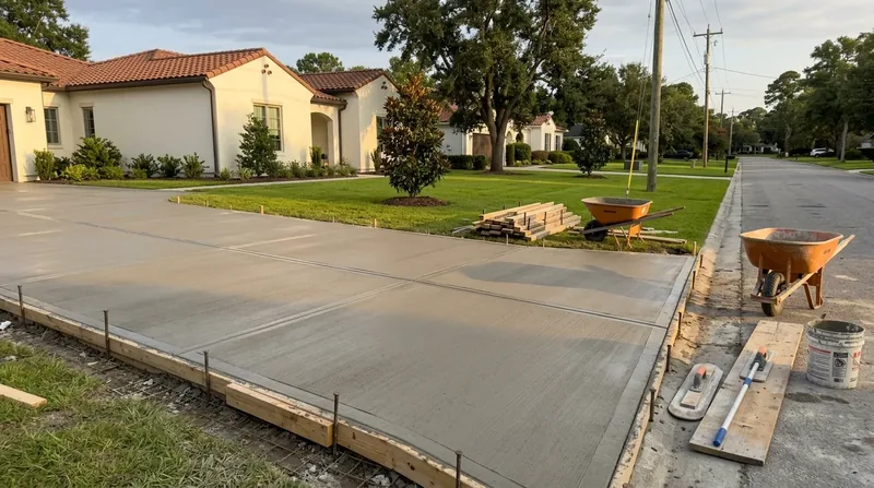 Freshly finished concrete driveway still in forms at a Trenton, Florida home
