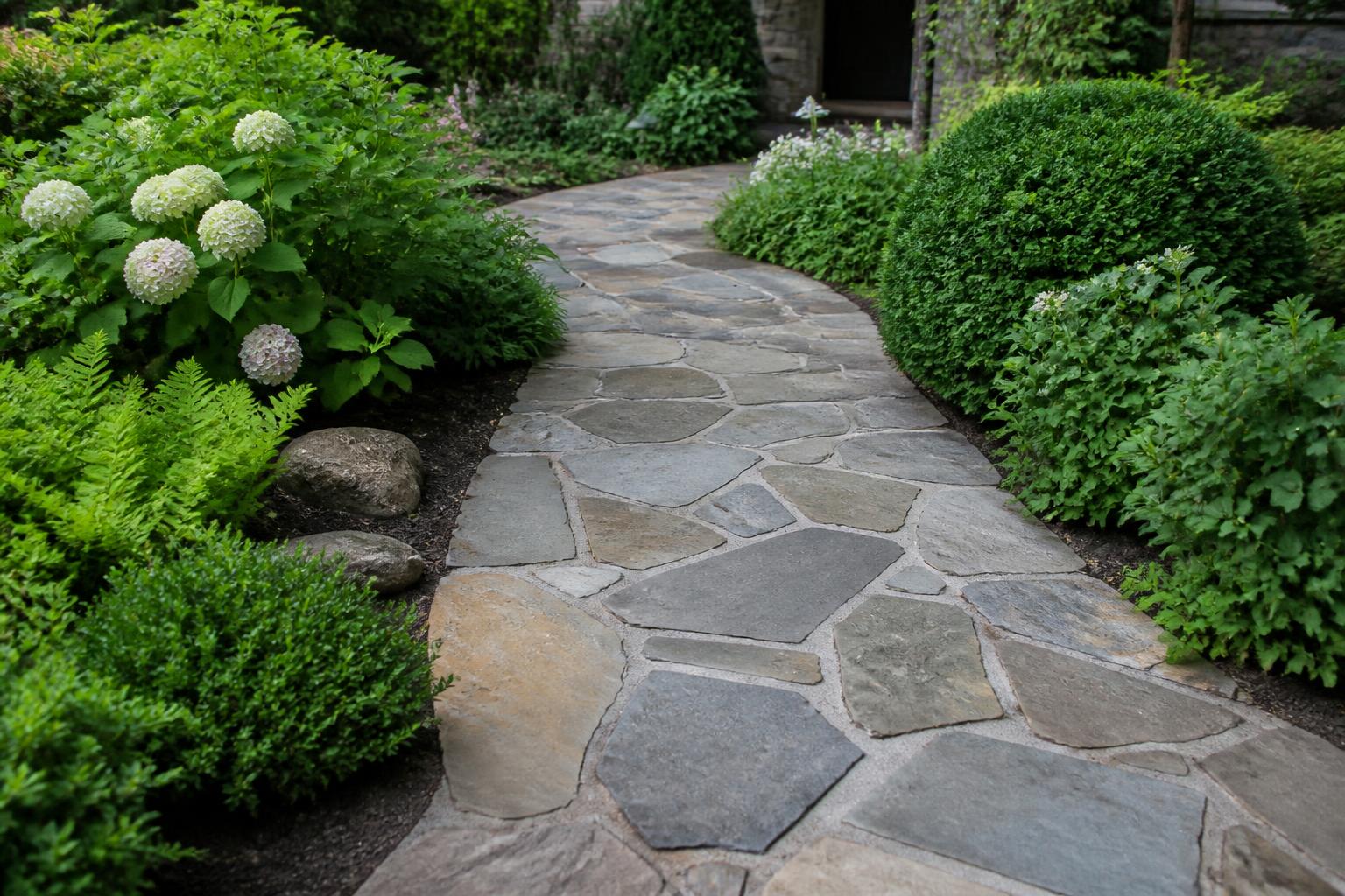 Flagstone-stamped concrete garden path in Micanopy, Florida