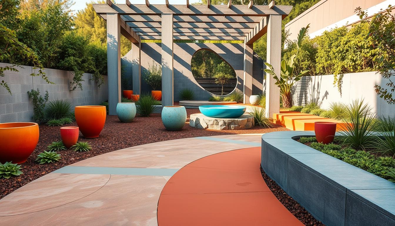 Integrally colored concrete courtyard patio with seat walls in Gainesville, Florida