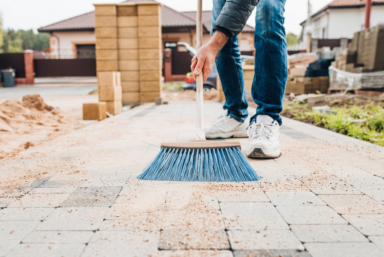 Sweeping polymeric joint sand into a new paver driveway in Williston, Florida