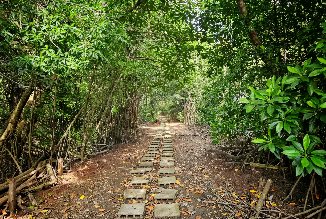 Sectioned concrete garden path under tree canopy in Bell, Florida