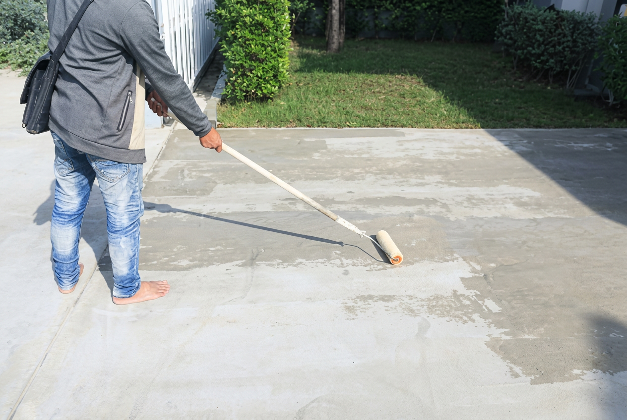 Applying sealer to a concrete driveway in Levy County, Florida