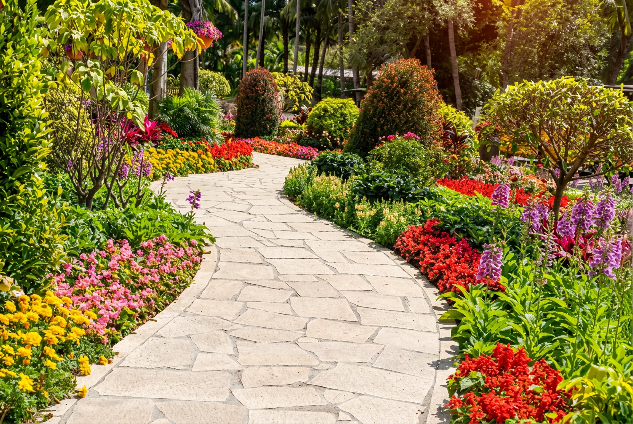 Flagstone-pattern stamped concrete garden path in Micanopy, Florida