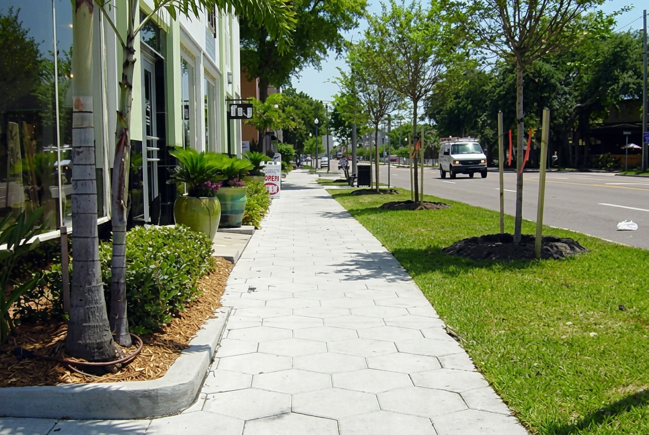 Stamped hexagonal pattern sidewalk along a downtown street in Trenton, Florida