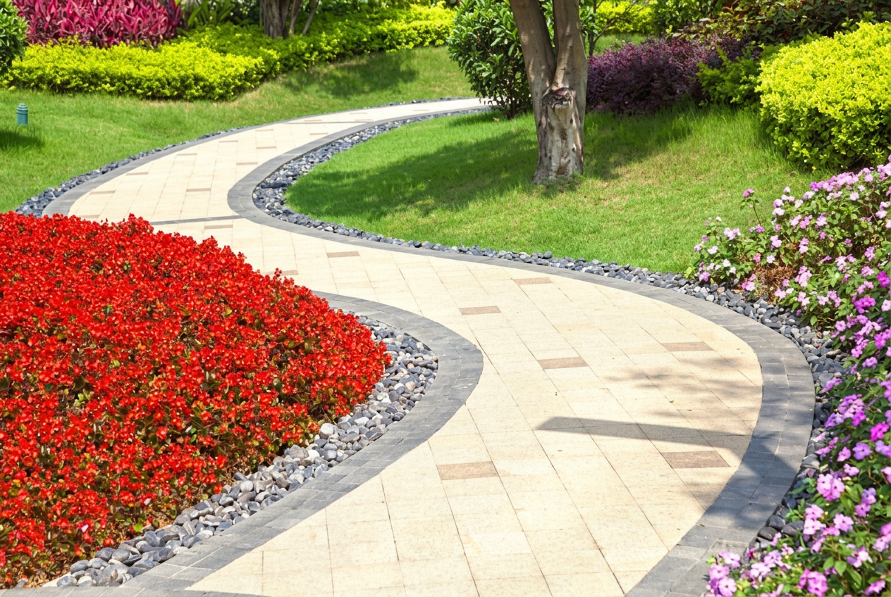 Curved light paver garden walkway with dark banding in Hawthorne, Florida