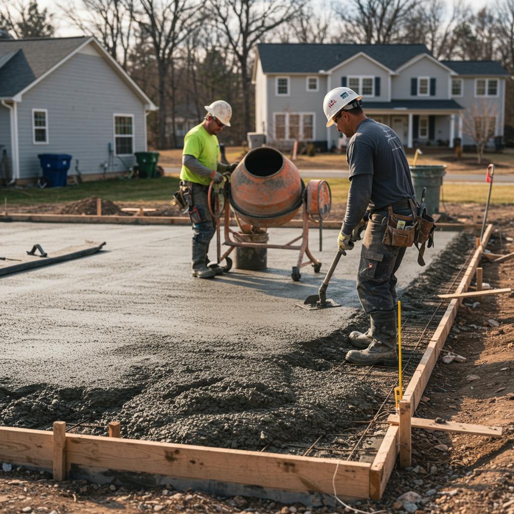 Two concrete workers finishing a freshly poured residential driveway slab