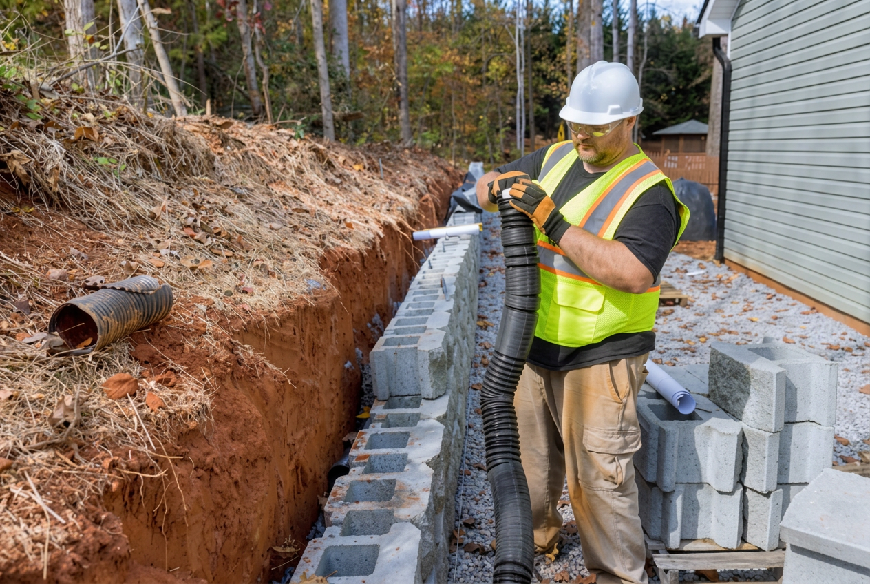 Crew installing drainage pipe behind a segmental retaining wall in Gainesville, Florida