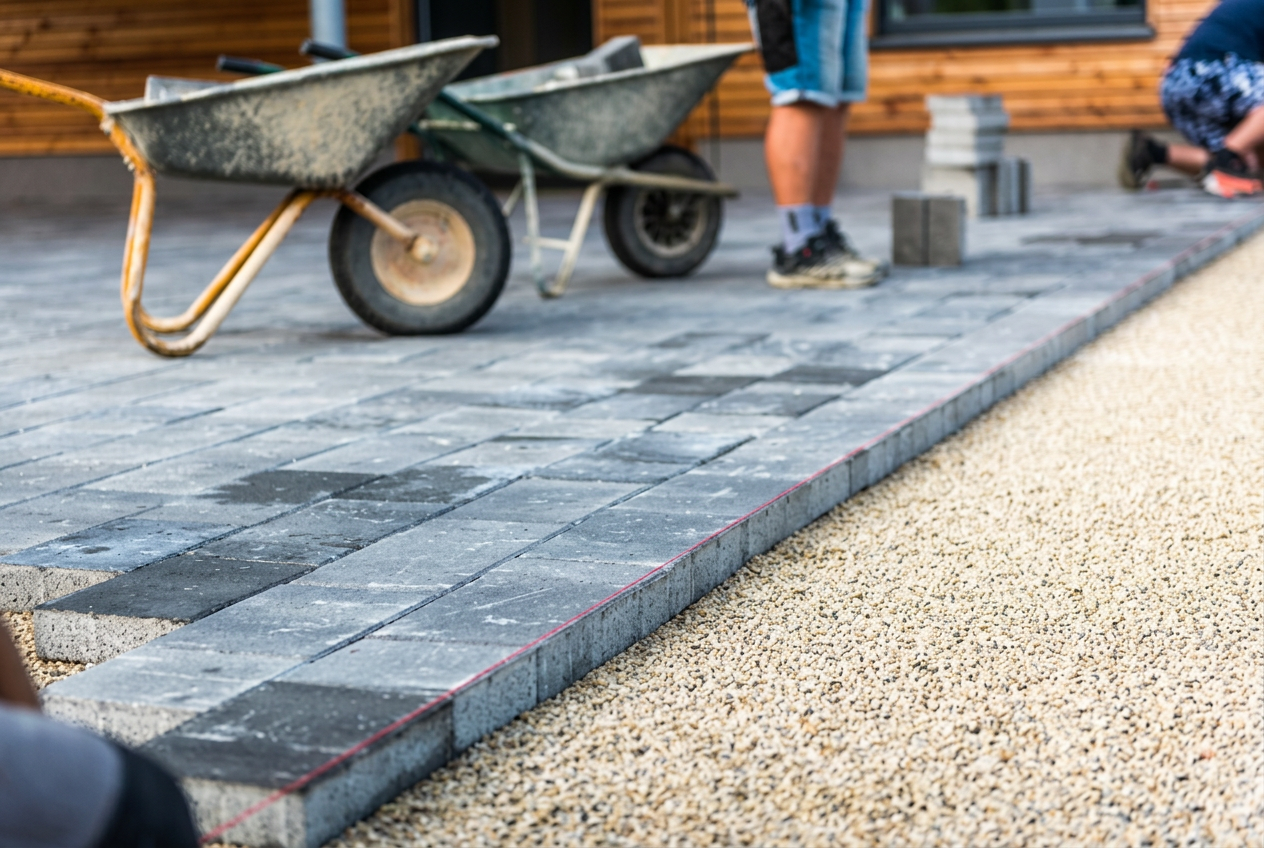 Charcoal paver patio being installed over a compacted base in Newberry, Florida