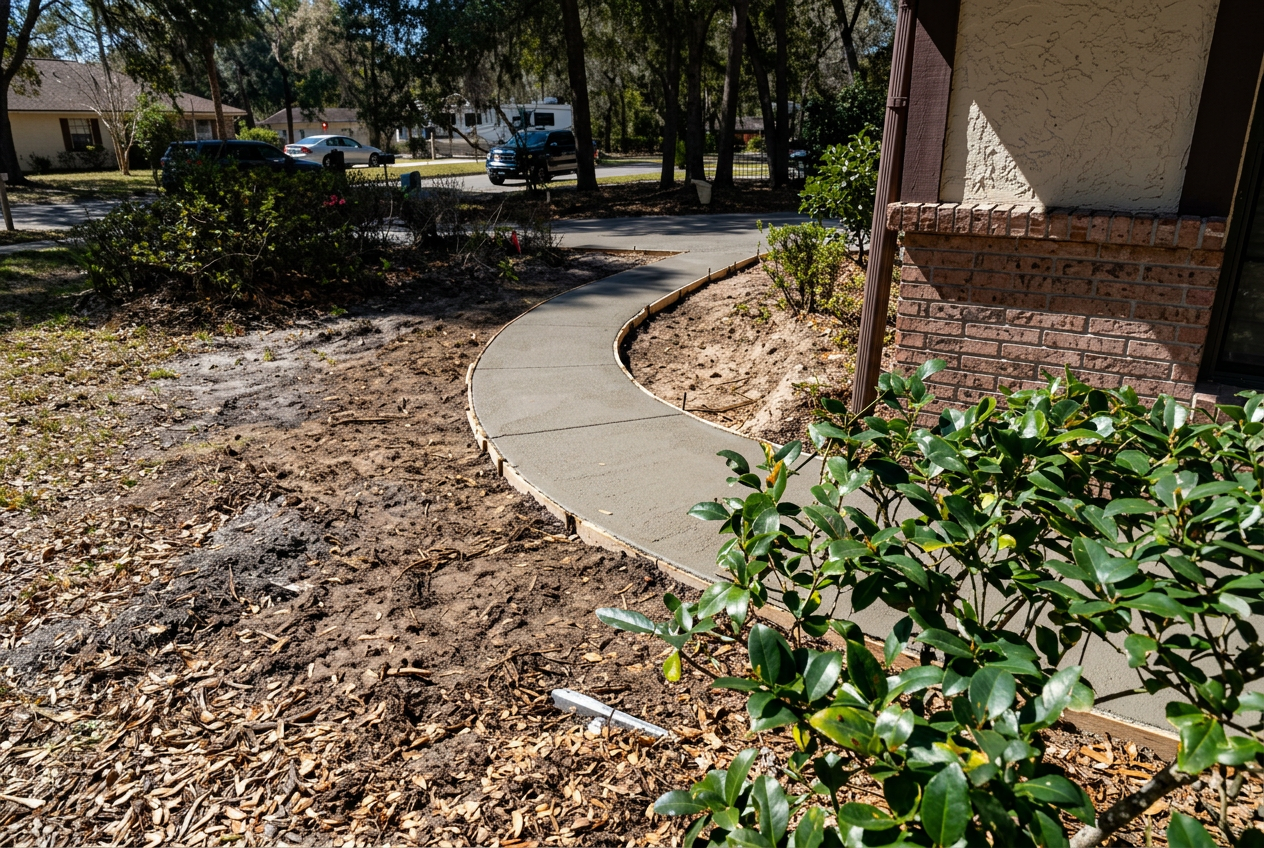 Curved concrete walkway leading to a home entrance in Trenton, Florida