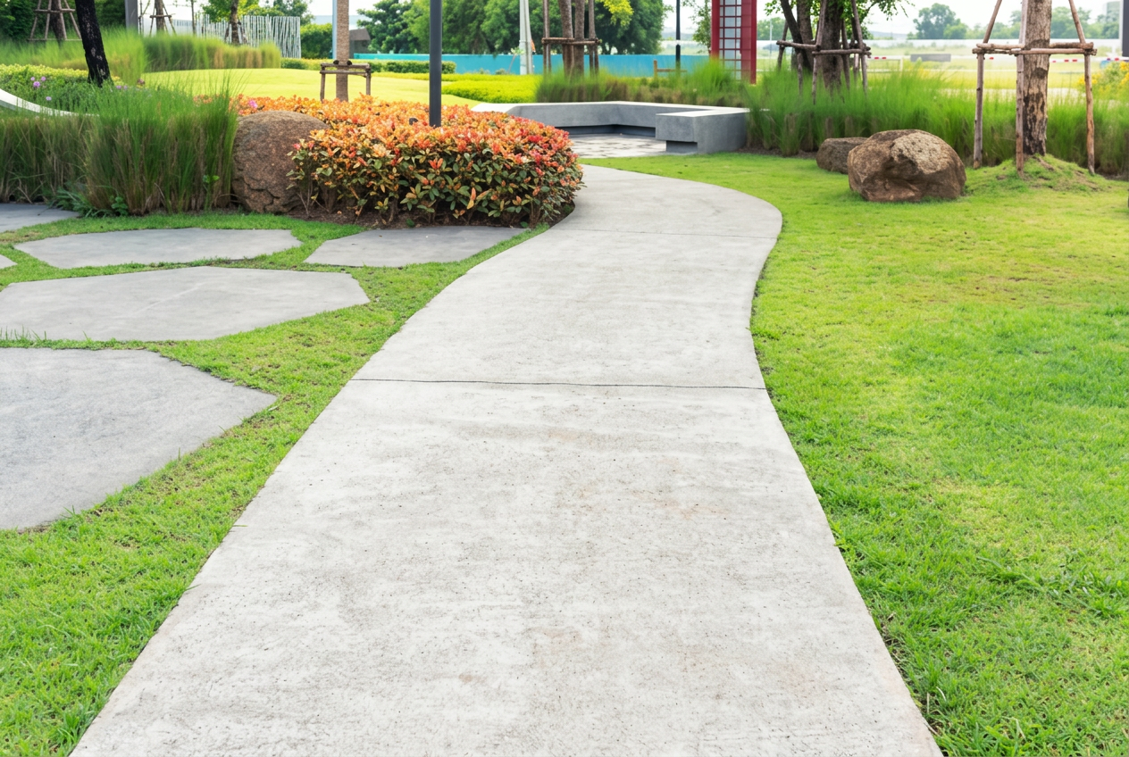 Curved broom-finished concrete sidewalk through a lawn in Alachua, Florida