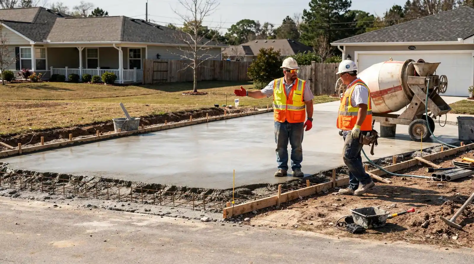 Two crew members reviewing a freshly poured replacement driveway on site