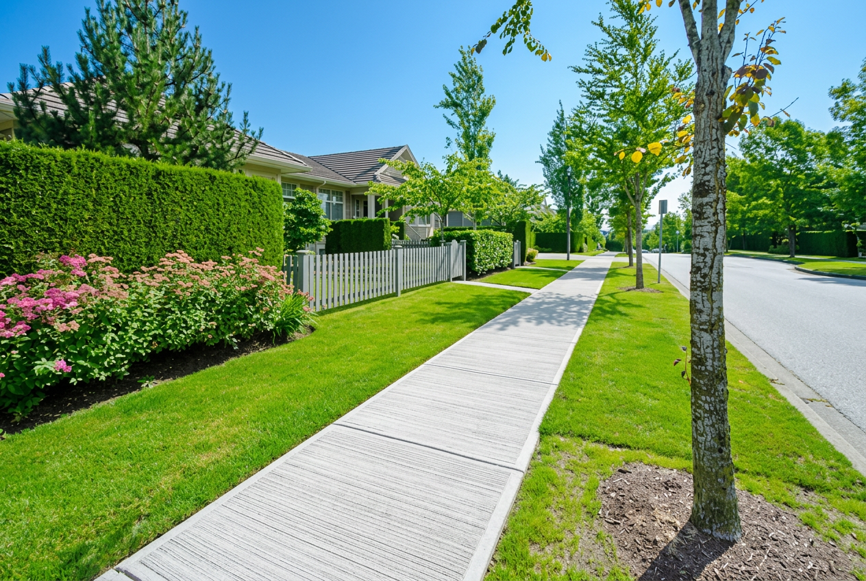 Residential concrete sidewalk along a landscaped street in High Springs, Florida