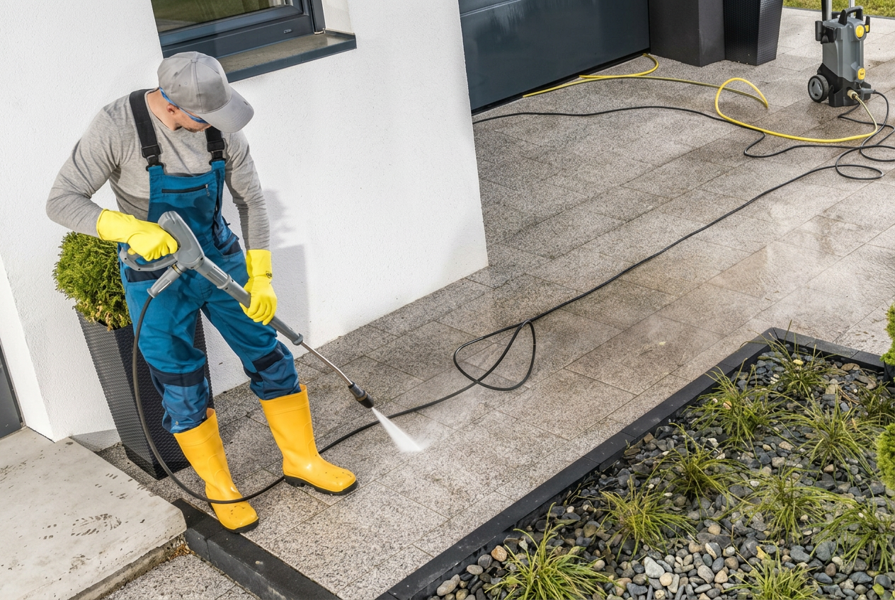 Pressure washing an exposed aggregate concrete patio in Chiefland, Florida
