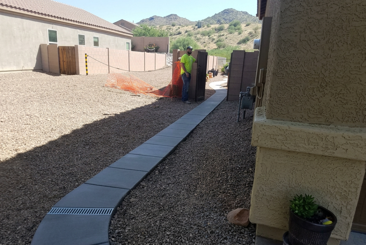 New concrete side-yard walkway with trench drain in Old Town, Florida