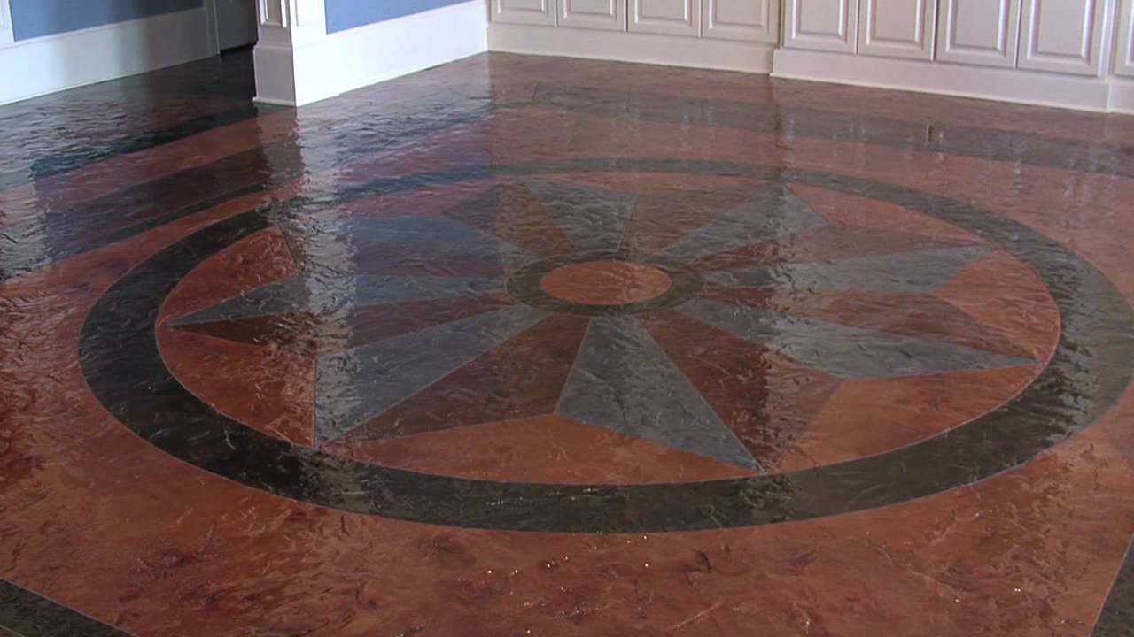 Stained concrete floor with a compass medallion design in Marion County, Florida