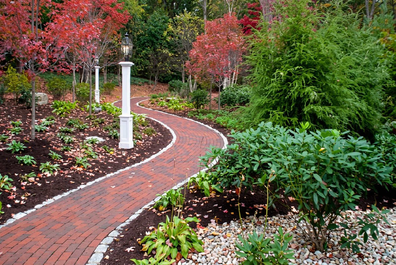 Curved brick-pattern decorative concrete garden path in Hawthorne, Florida