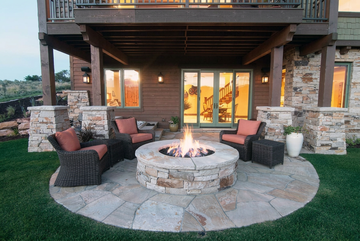 Flagstone-look concrete fire-pit patio in Bell, Florida