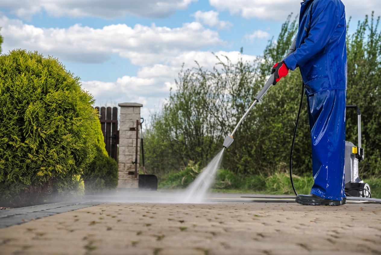 Worker pressure washing a paver driveway in Trenton, Florida