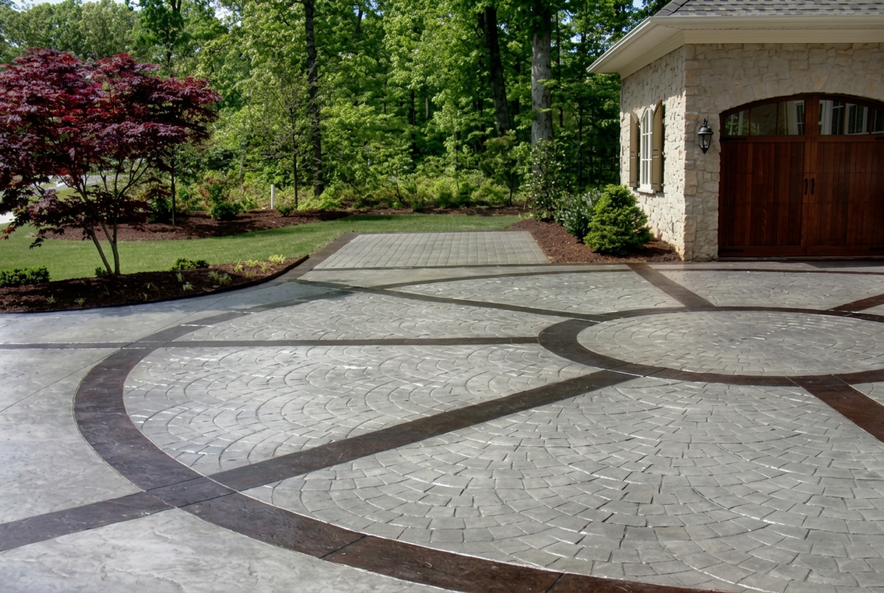 Stamped concrete driveway medallion with stained banding in Trenton, Florida