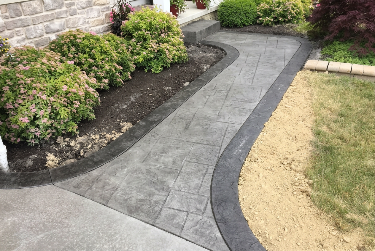 Stamped slate-pattern concrete walkway with charcoal border in Hawthorne, Florida