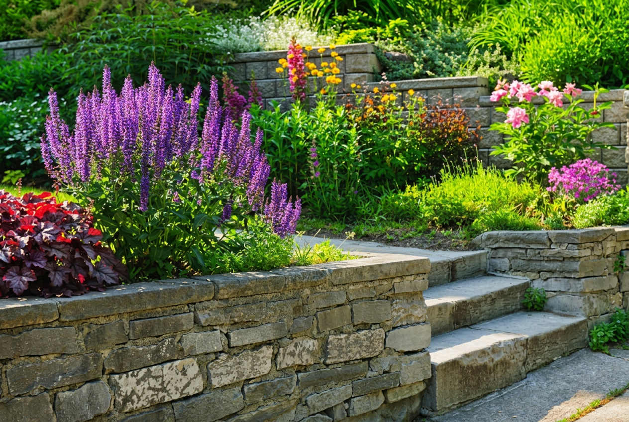 Garden retaining walls with concrete steps in Gainesville, Florida