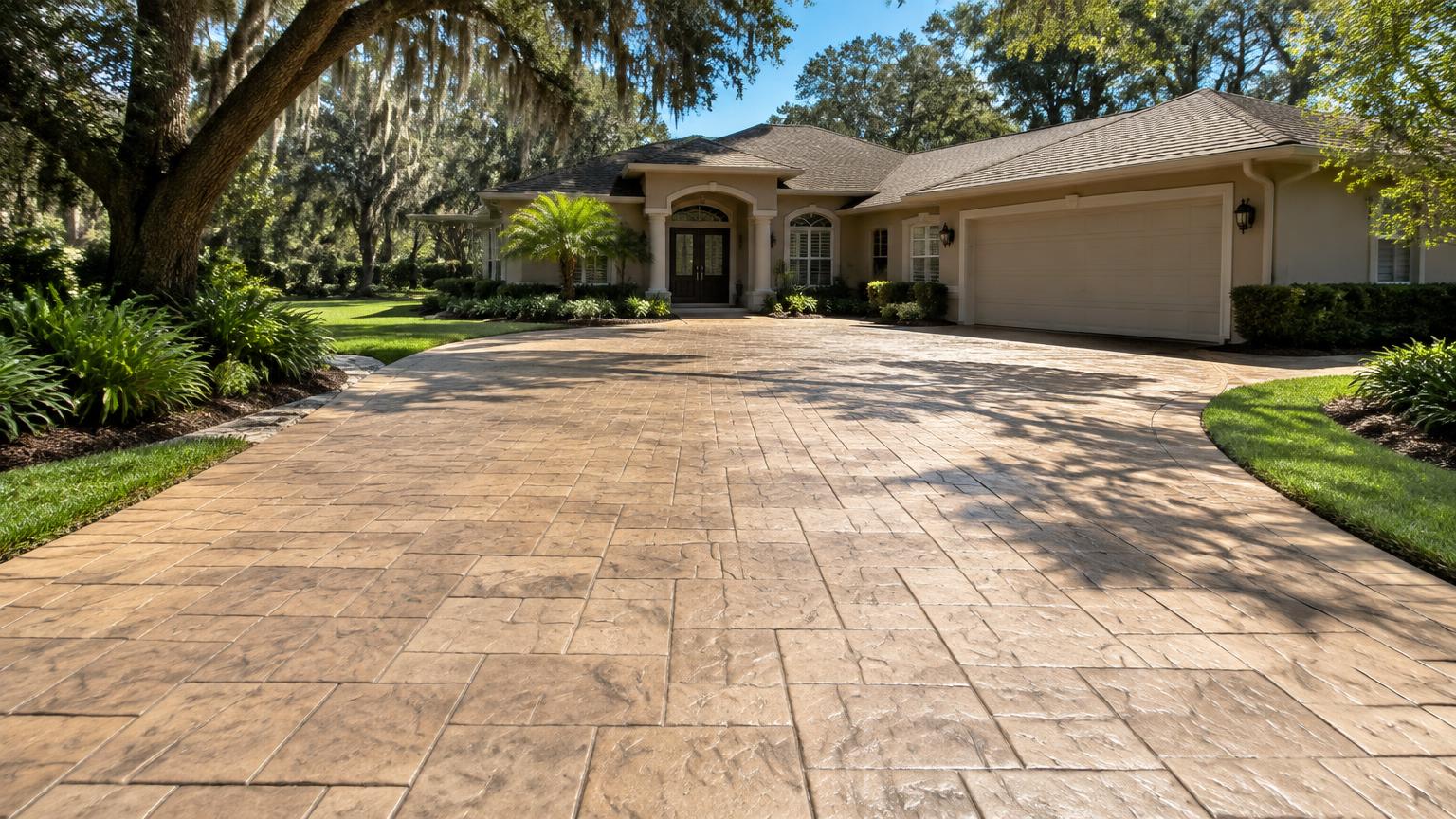 Tan stamped concrete driveway leading to a Florida home