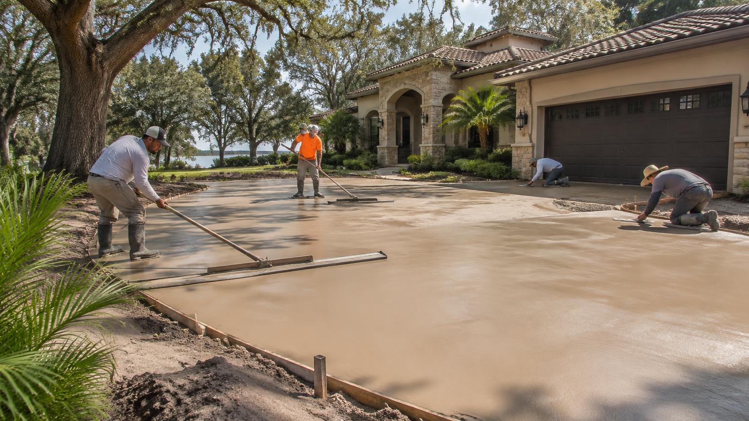 Crew finishing a freshly poured colored concrete driveway