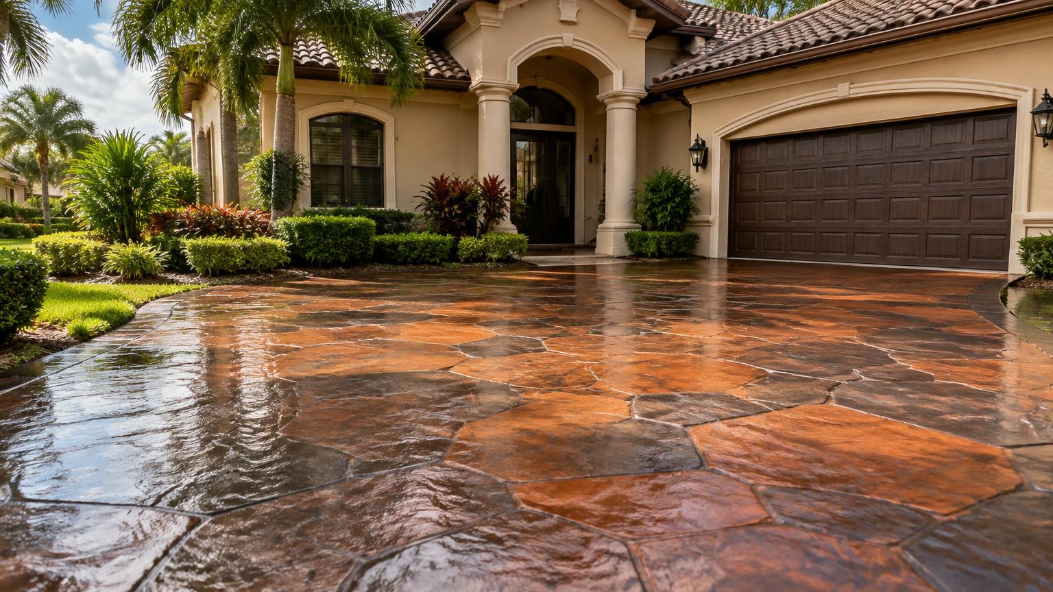 Sealed stamped concrete driveway after a Florida rain shower