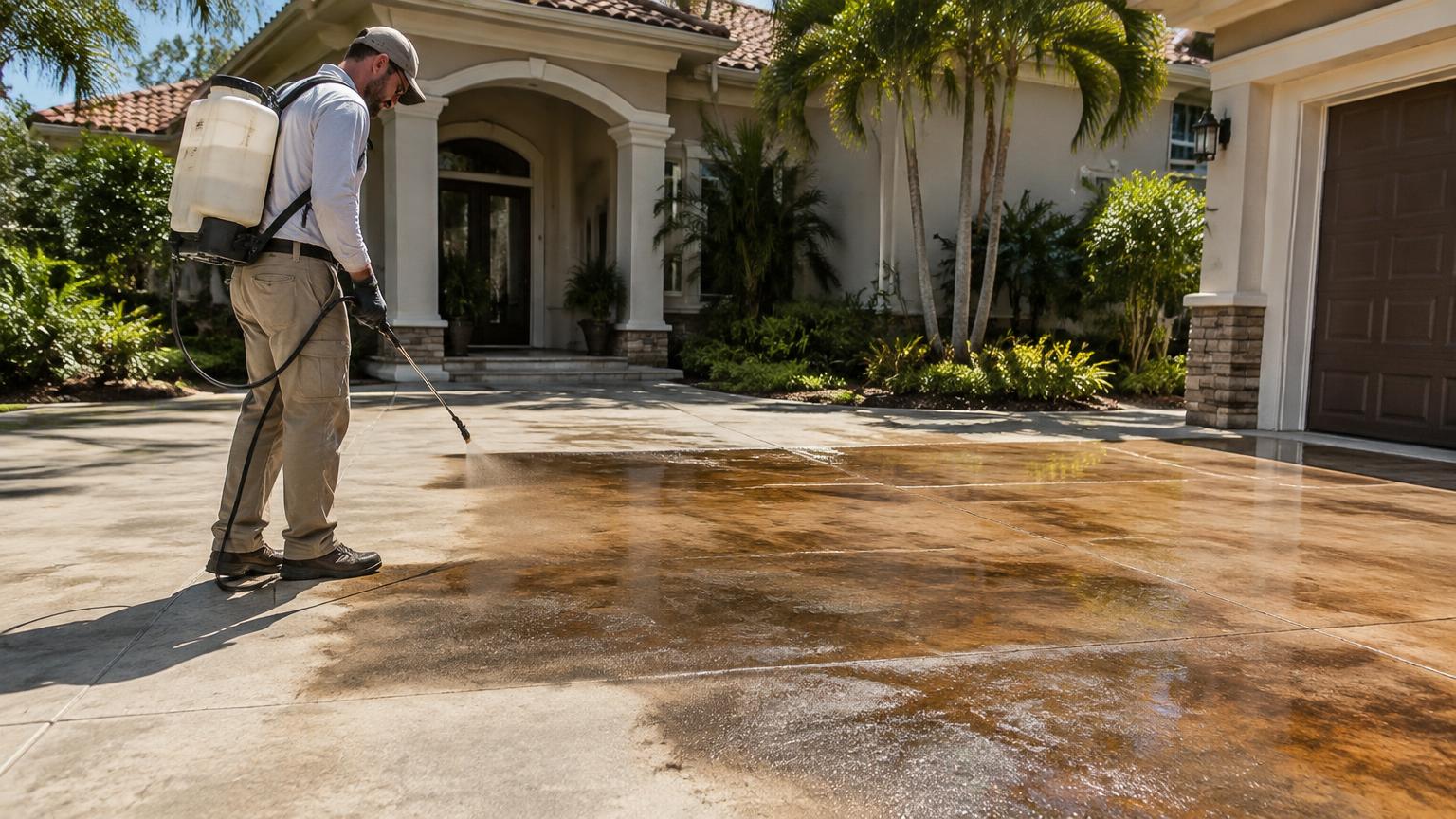 Contractor spraying acid stain onto a concrete driveway