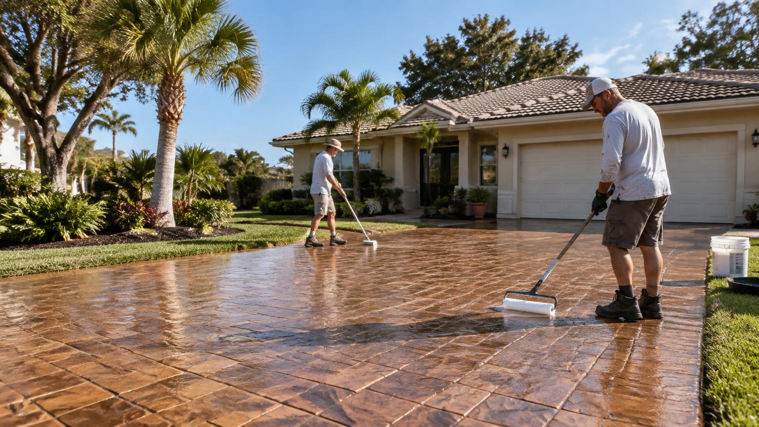Crew rolling protective sealer onto a stamped concrete driveway