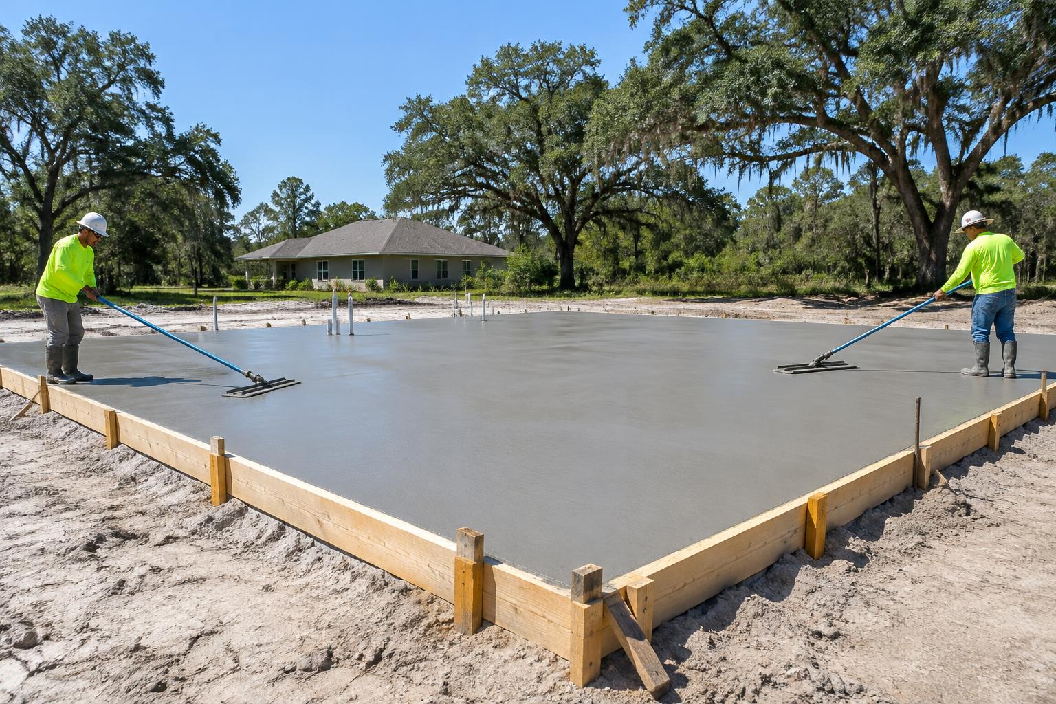 Two concrete workers bull-floating a freshly placed residential foundation slab