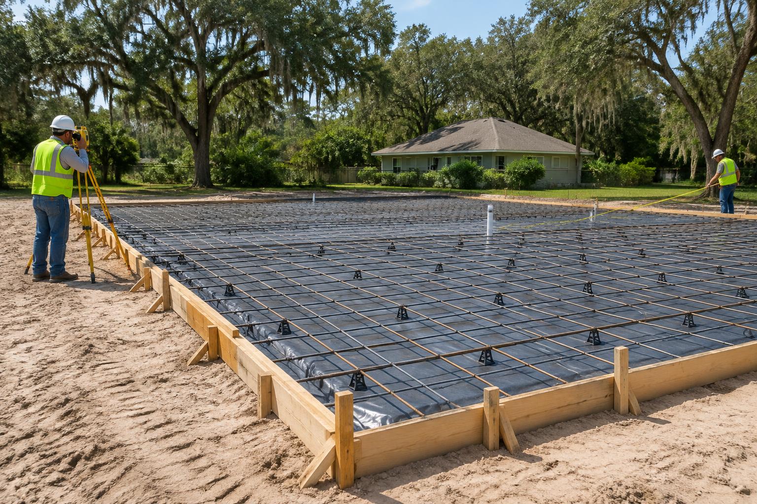 Prepared residential slab forms with steel reinforcement and moisture barrier before concrete placement