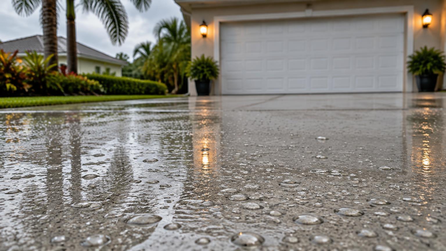 Water beading on a sealed concrete driveway