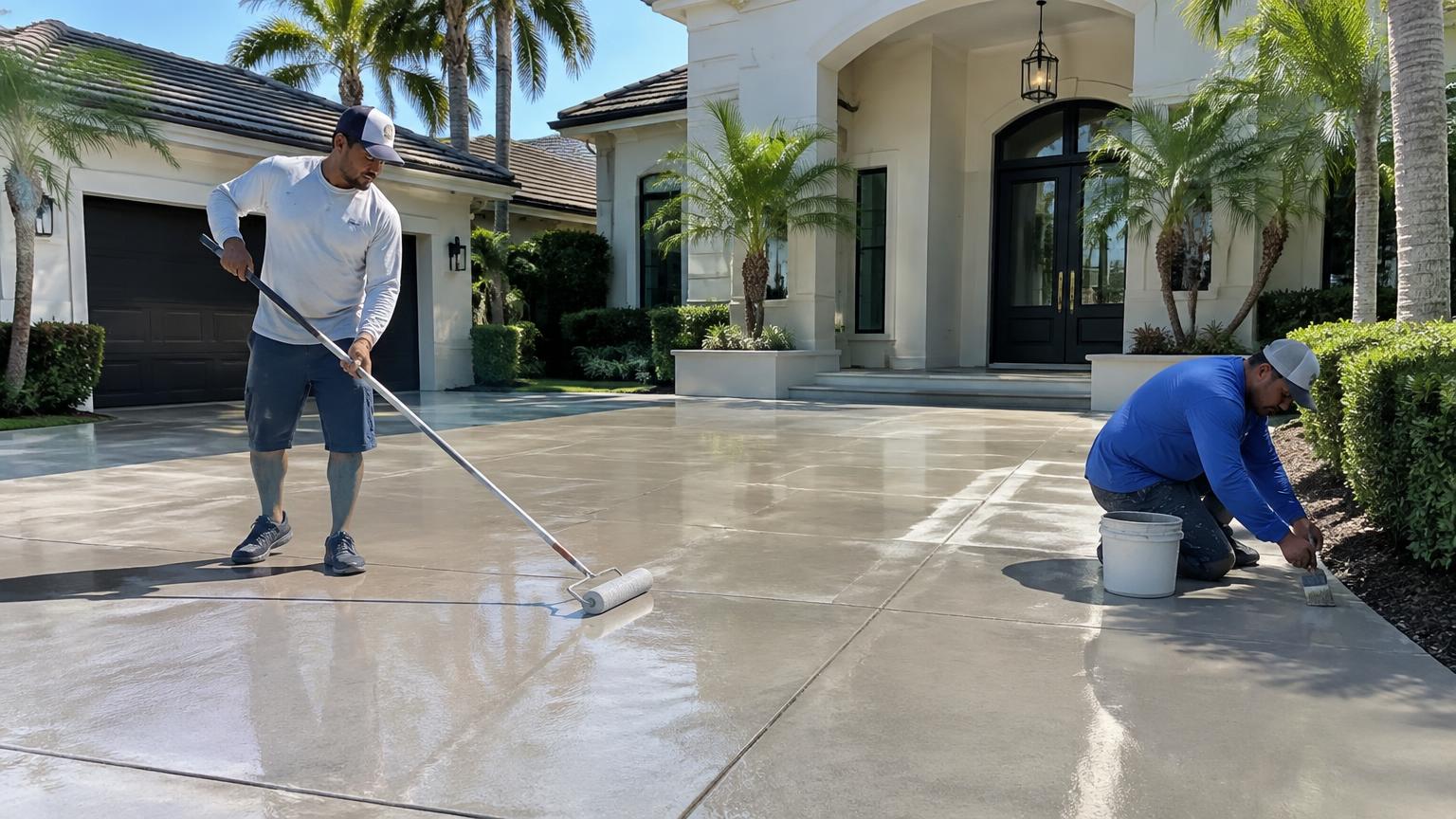 Crew rolling and brushing sealer onto a concrete driveway