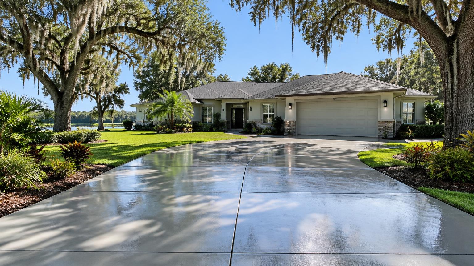 Freshly sealed concrete driveway at a Florida home