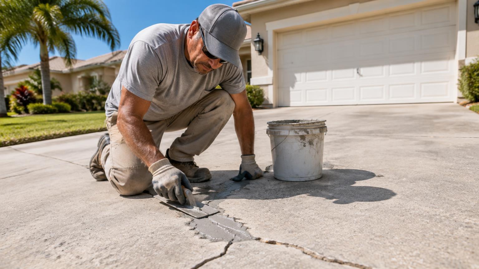 Contractor patching a driveway crack before sealing