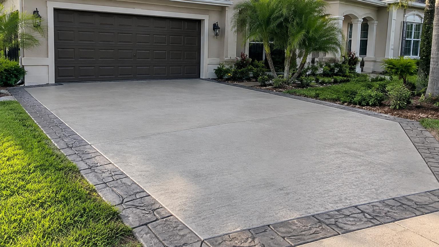 Broom-finished driveway with a stamped stone border