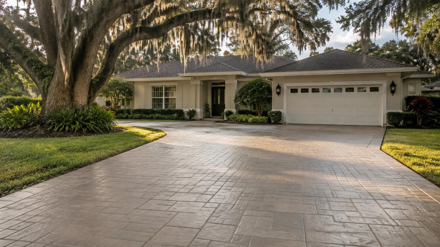 Stamped ashlar slate concrete driveway at a Florida home