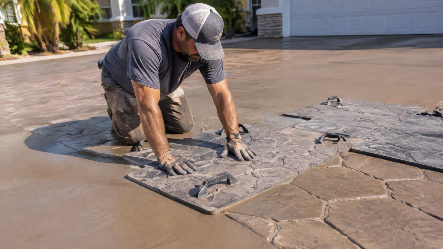 Worker pressing stone-pattern stamping mats into fresh concrete