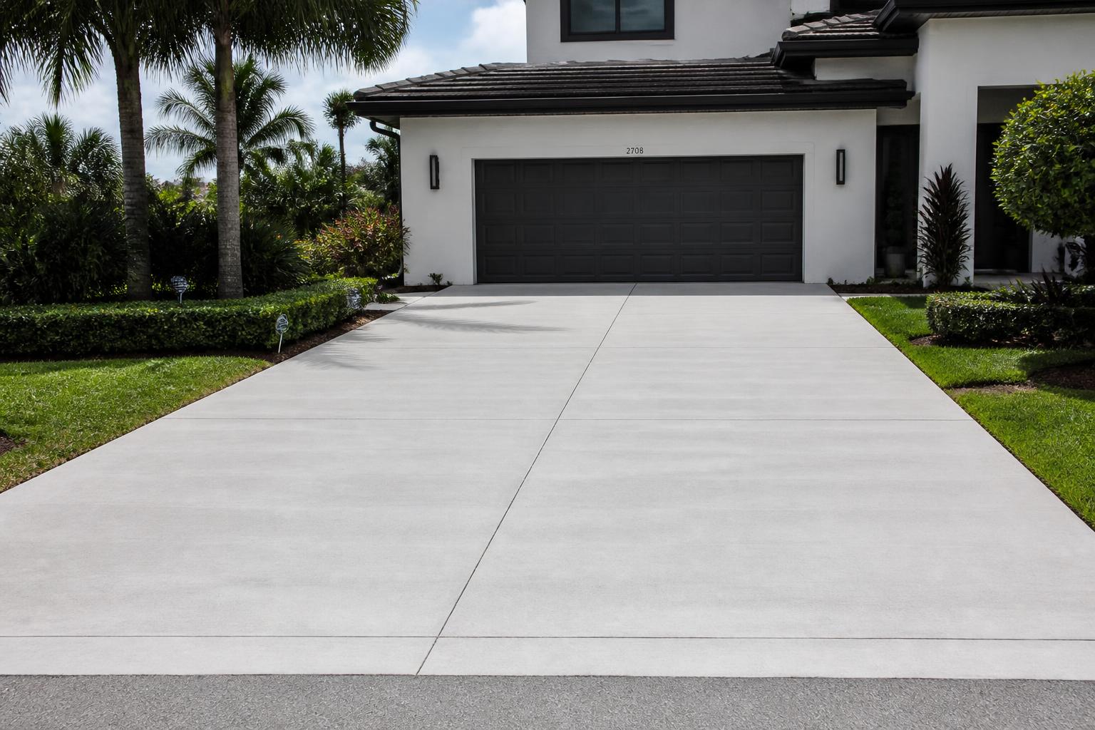 Modern concrete driveway approach to a double garage in Gainesville, Florida