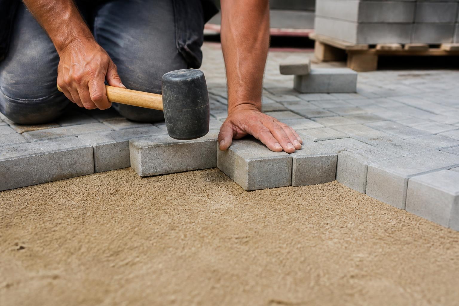 Installer hand-setting pavers over a compacted base in North Central Florida
