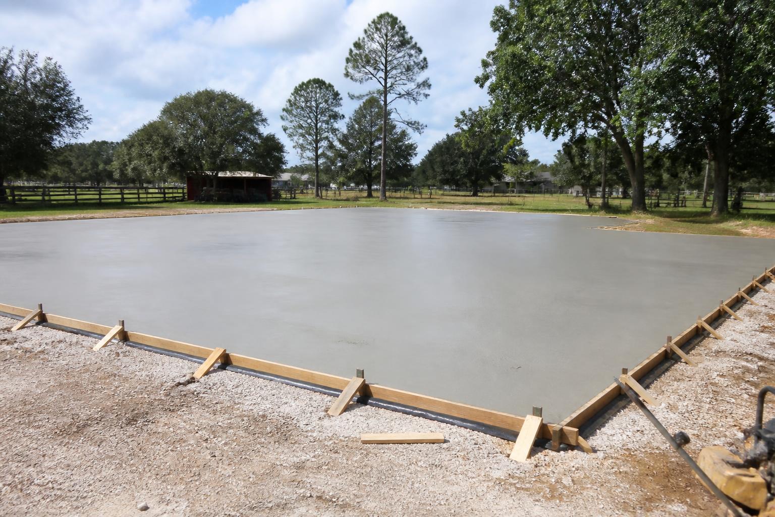 Freshly poured pole barn concrete slab on a rural property in Bell, Florida