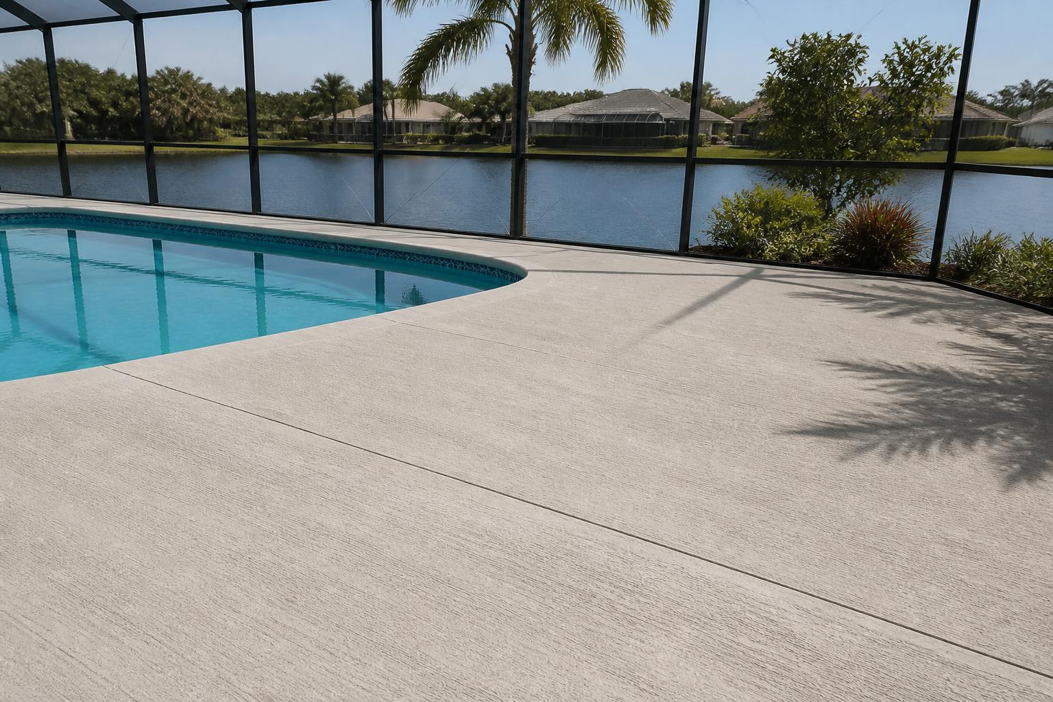 Concrete pool patio deck surrounding a swimming pool in Trenton, Florida