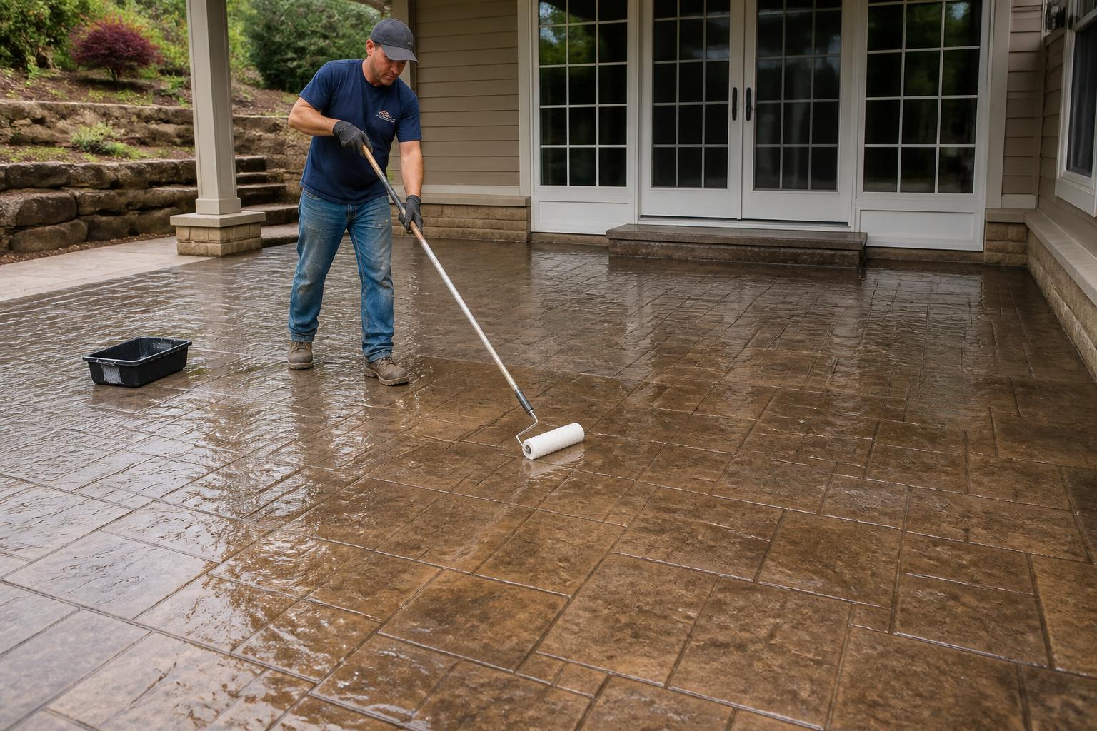 Applying sealer to a stamped concrete patio in Alachua, Florida